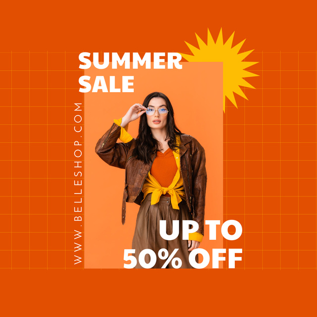 Summer Sale Ad with Woman in Bright Outfit Instagram Design Template