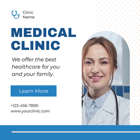 Clinic Ad with Smiling Doctor with Stethoscope Animated Post Design Template