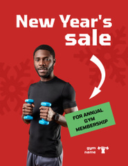 New Year Offer with Athlete Man holding Dumbbells