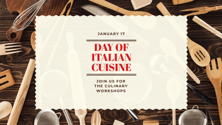 Italian Cuisine Day with Kitchen Utensils on Wooden Table FB event cover Design Template