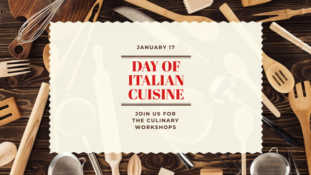 Platilla de diseño Italian Cuisine Day with Kitchen Utensils on Wooden Table FB event cover