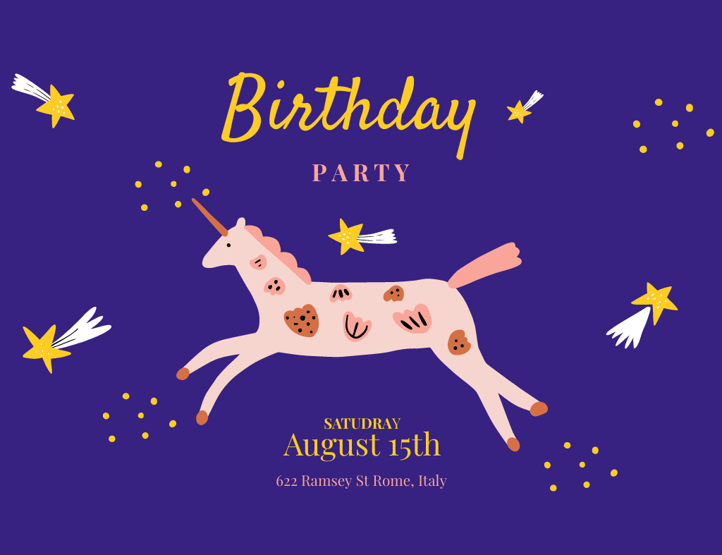 Plantilla de diseño de Birthday Party Announcement with Cute Unicorn Invitation 13.9x10.7cm Horizontal 