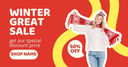 Winter Sale Announcement with Young Woman on Red Facebook AD tervezősablon