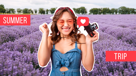 Summer Trip Inspiration with Cute Girl and Lavender Field Youtube Thumbnail Modelo de Design