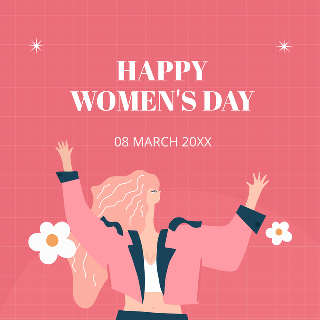 Women's Day Greeting with Illustration of Woman on Pink Instagram Tasarım Şablonu