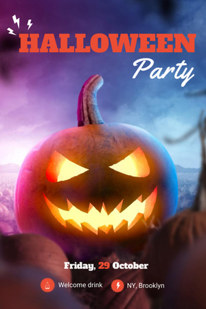Halloween Party Announcement with Spooky glowing Pumpkin Invitation 6x9in Design Template
