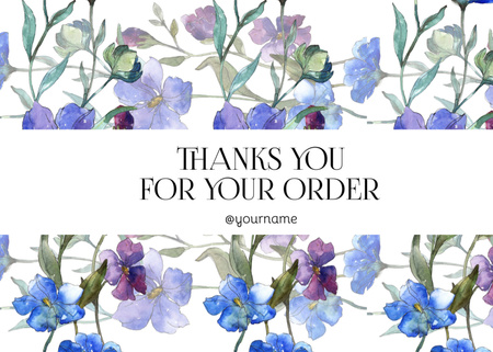 Kiitosviesti, jossa on akvarellisinisiä kukkia ja lehtiä Postcard 5x7in Design Template