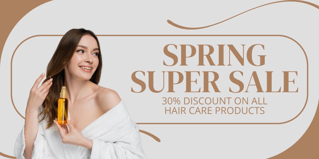 Ontwerpsjabloon van Twitter van Spring Super Sale Cosmetics for Hair with Beautiful Brunette