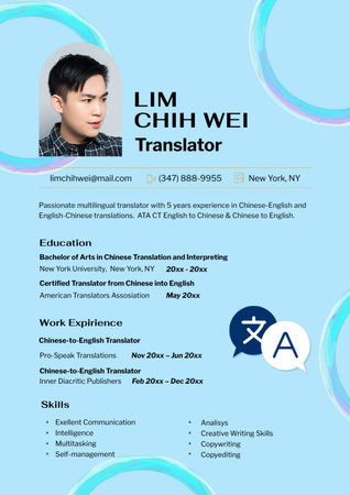 Tradutor em Chinês-Inglês Habilidades e Experiência Resume Modelo de Design