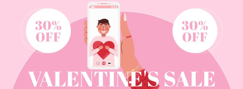 Ontwerpsjabloon van Facebook cover van Valentine's Day Sale Announcement with Man in Love in Smartphone