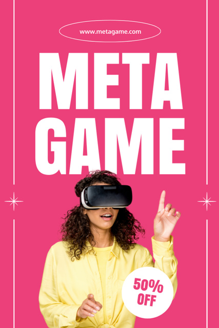 Woman Playing Game in Metaverse in VR Glasses Flyer 4x6in Design Template