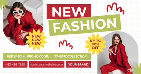 Designvorlage Werbung für neue Modekleidung mit einer Frau im roten Outfit für Facebook AD