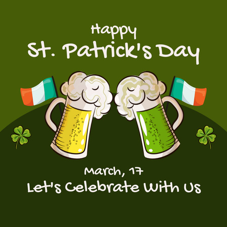 St. Patrick's Day Greetings with Beer Mugs in Green Instagram Design Template