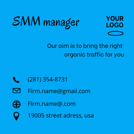 SMM Manager Service Offer Blue Square 65x65mm – шаблон для дизайну