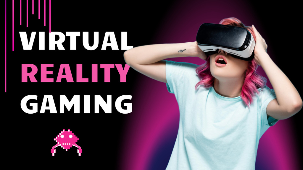 Woman in Virtual Reality Glasses is Playing Game Youtube Thumbnail Modelo de Design