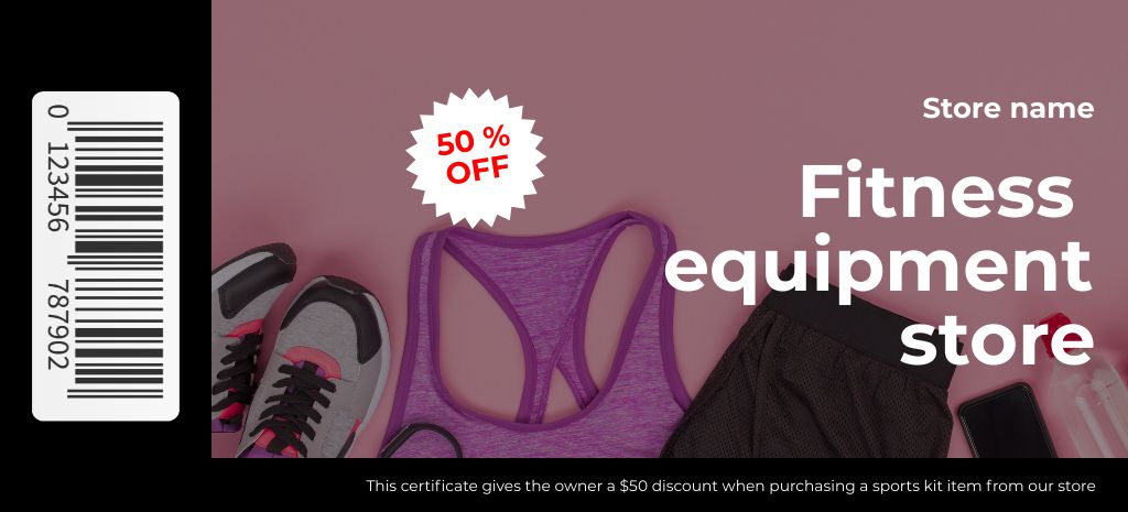 Ergonomic Fitness And Sports Equipment Voucher Coupon 3.75x8.25in Design Template