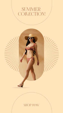 Fashion Clothes Ad with Woman in Swimsuit and Straw Hat Instagram Story Πρότυπο σχεδίασης