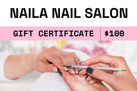 Woman Receiving Manicure By Beautician with Cuticle Pusher Gift Certificate Design Template
