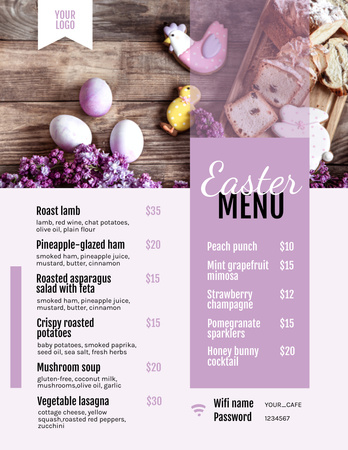Húsvéti étkezés lila tojással és finom sütivel Menu 8.5x11in tervezősablon