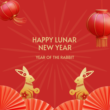 Happy New Year Greetings with Rabbits and Lanterns Instagram Design Template