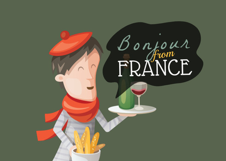 France Inspiration with Cute Boy in beret Postcard 5x7in Design Template