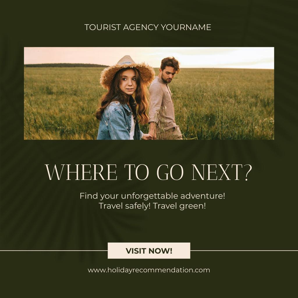 Travel Agency with Couple Walking in Meadow Instagram Design Template