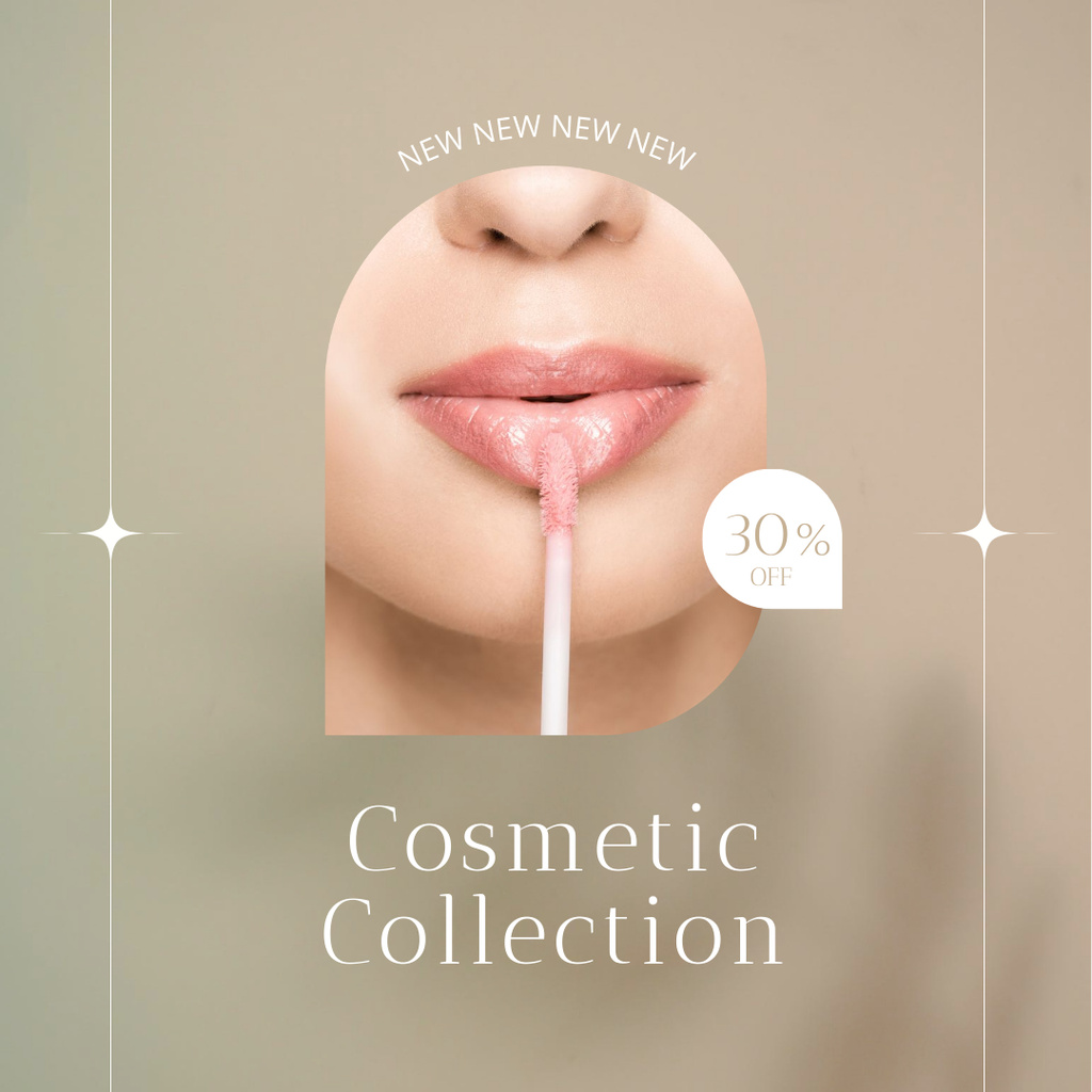Plantilla de diseño de New Cosmetics Collection with Woman Applying Lip Gloss Instagram 