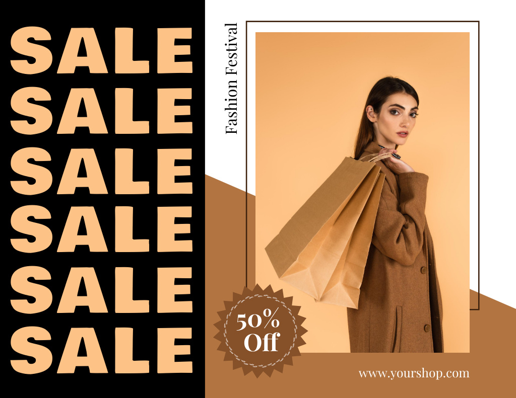 Designvorlage Fashion Festival Ad with Stylish Woman with Shopping Bag für Flyer 8.5x11in Horizontal