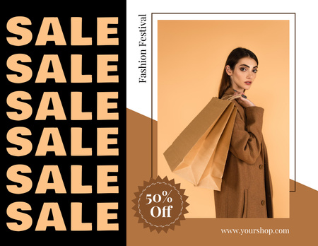 Plantilla de diseño de Anuncio de festival de moda con mujer elegante con bolsa de compras Flyer 8.5x11in Horizontal 