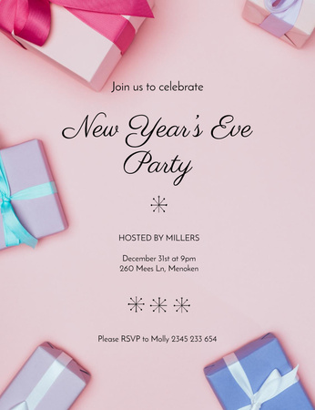 New Year's Party With Colorful Presents Invitation 13.9x10.7cm Design Template
