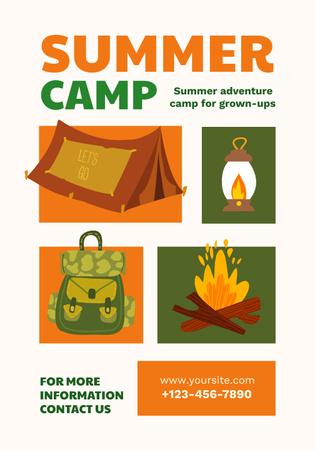 Summer Camp Invitation with Attributes of Hiking Tours Illustration Poster 28x40in Design Template