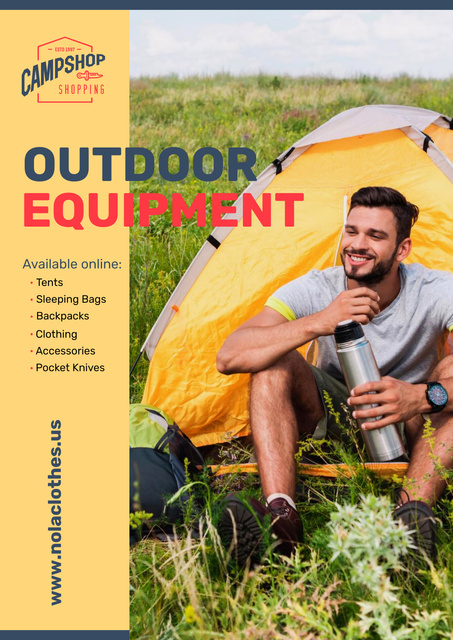 Outdoor Equipment Ad with Woman Adjusting Tent Poster Modelo de Design