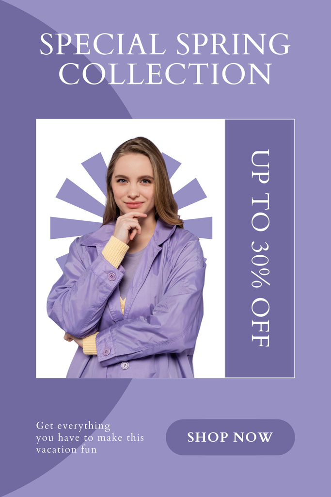 Platilla de diseño Spring Collection Sale with Woman in Purple Pinterest