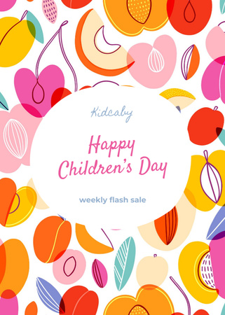 Modèle de visuel Salutation pour la fête des enfants avec un motif de fruits brillants - Postcard 5x7in Vertical
