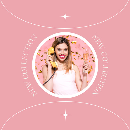 Announcement with Girl in White with Glass Champagne Instagram Design Template