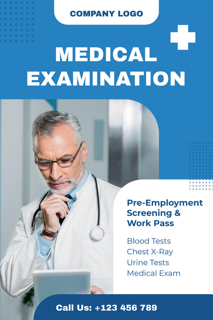 Medical Examination Ad with Mature Doctor Pinterest Design Template