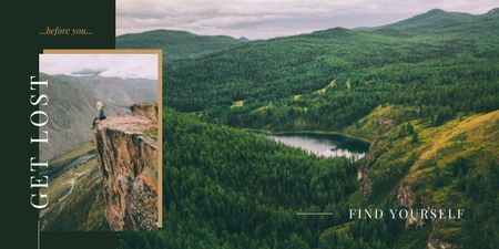 Ontwerpsjabloon van Image van wandelaar genieten van uitzicht vanaf de rots