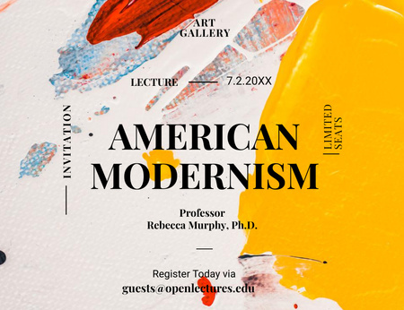 Plantilla de diseño de Conferencia del profesor sobre el arte modernista estadounidense Invitation 13.9x10.7cm Horizontal 