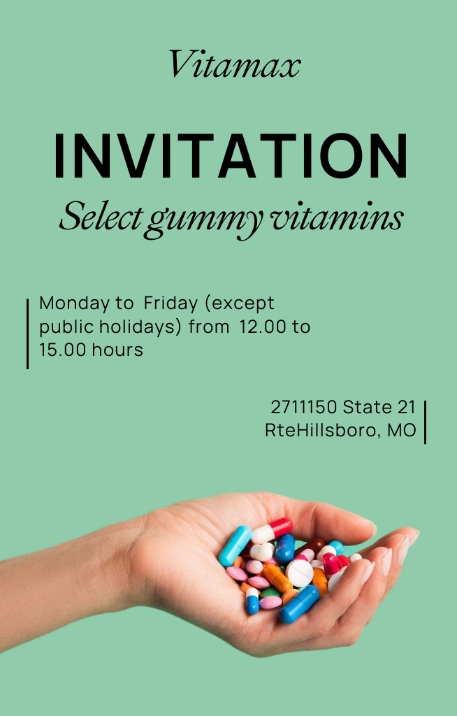 Colorful Pills And Vitamins For Immune System Promotion Invitation 4.6x7.2in – шаблон для дизайна