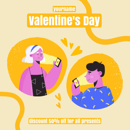 Valentine's Day Discount Offer with Couple and Dogs on Red Instagram AD Design Template