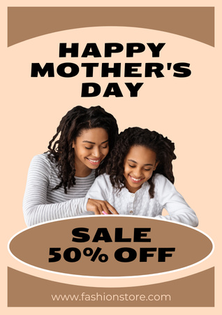 Sale on Mother's Day with Cute Mom and Daughter Poster Design Template
