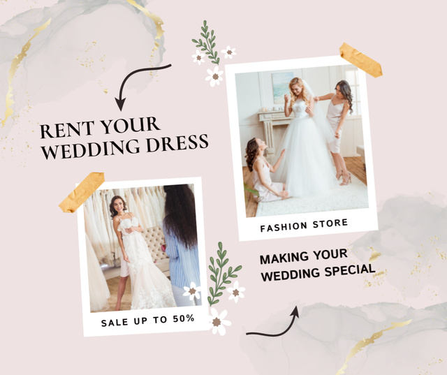Platilla de diseño Wedding Salon Offer with Bride During Dress Fitting Facebook
