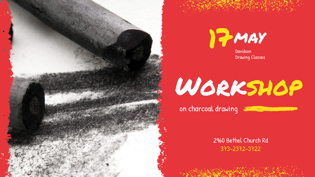 Drawing Workshop invitation with Charcoal Pieces FB event cover Design Template