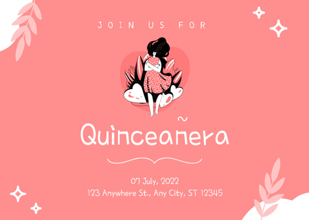 Joyful Quinceañera Celebration Announcement In Summer With Illustration Postcard 5x7in Tasarım Şablonu