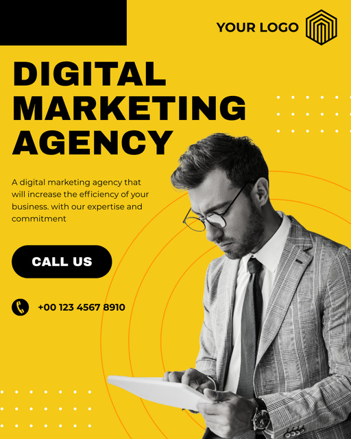 Designvorlage Digital Marketing Agency Service Offer with Young Businessman with Glasses für Instagram Post Vertical
