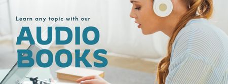 Audio Books Ad with Girl in Headphones Facebook cover Design Template