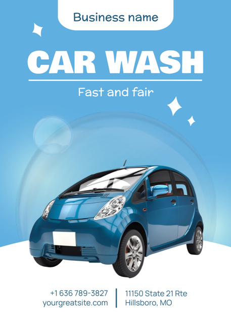 Car Wash Ad with shiny blue Car Flayer Modelo de Design