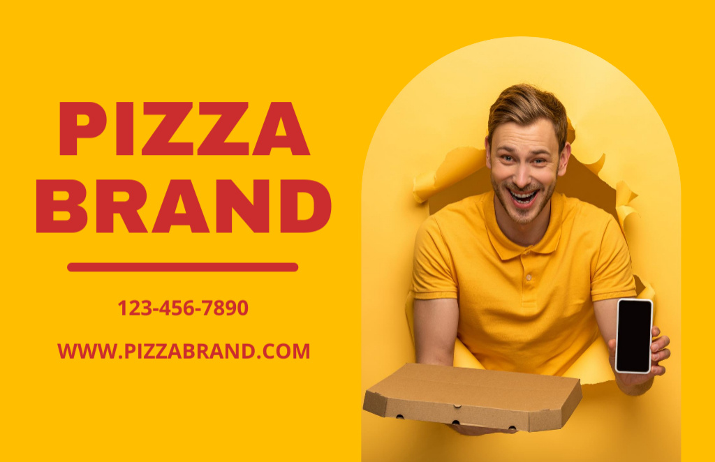 Szablon projektu Advertisement for New Pizza Brand with Young Man Business Card 85x55mm