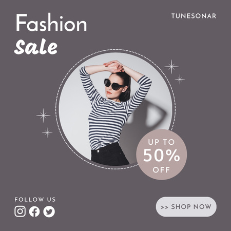 Ontwerpsjabloon van Instagram van Verkoop van vrouwelijke modekleding met vrouw in gestreepte kleding