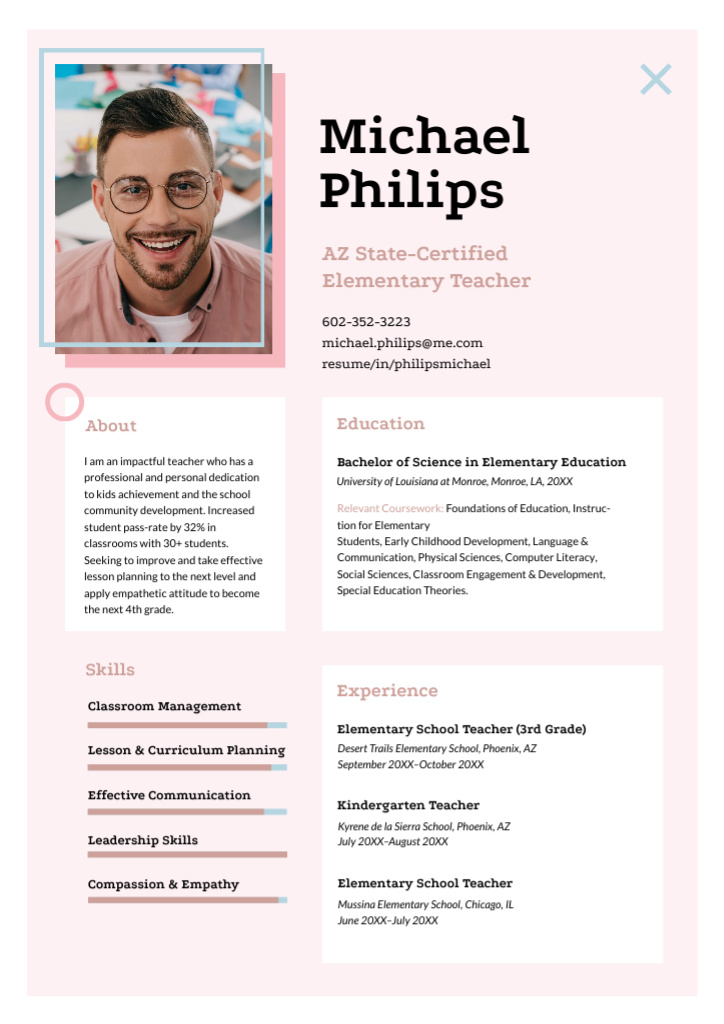 Szablon projektu Elementary Teacher professional profile Resume